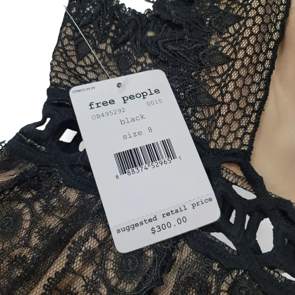 NEW Free People Forever Lace Embroidered Open Back Babydoll Black Dress Size 8